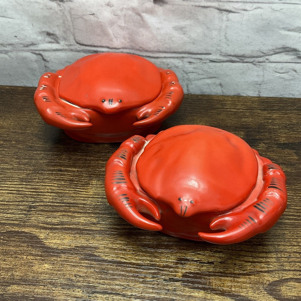 Pair Of Vtg Porcelain Crab Shaped Butter Pot Dishes Ramican From Czechoslovakia